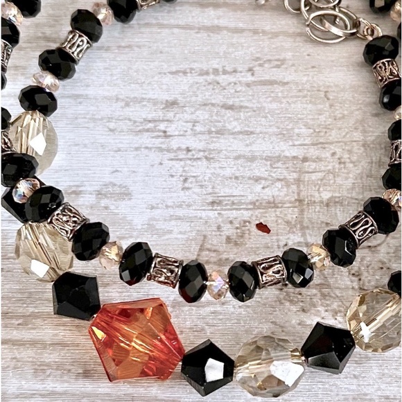 Artesian Memory Wire Wrap Bracelet Black Clear Orange Glass Bead Womans Jewelry - Picture 2 of 7
